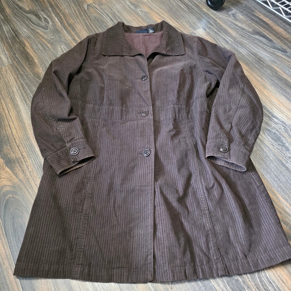 Denim & Co Womens XL Brown Corduroy Barn Jacket Button Front Lined Long